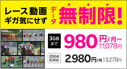 レース動画ギガ気にせずデータ無制限！ 3GBまで980円/月～税込1,078円 20GB超過後2,980円/月税込3,278円